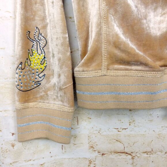 Vtg BCBGMAXAZRIA Y2K Velour Hoodie Track Jacket M Beige Rhinestone Graphic Flame - Picture 7 of 15